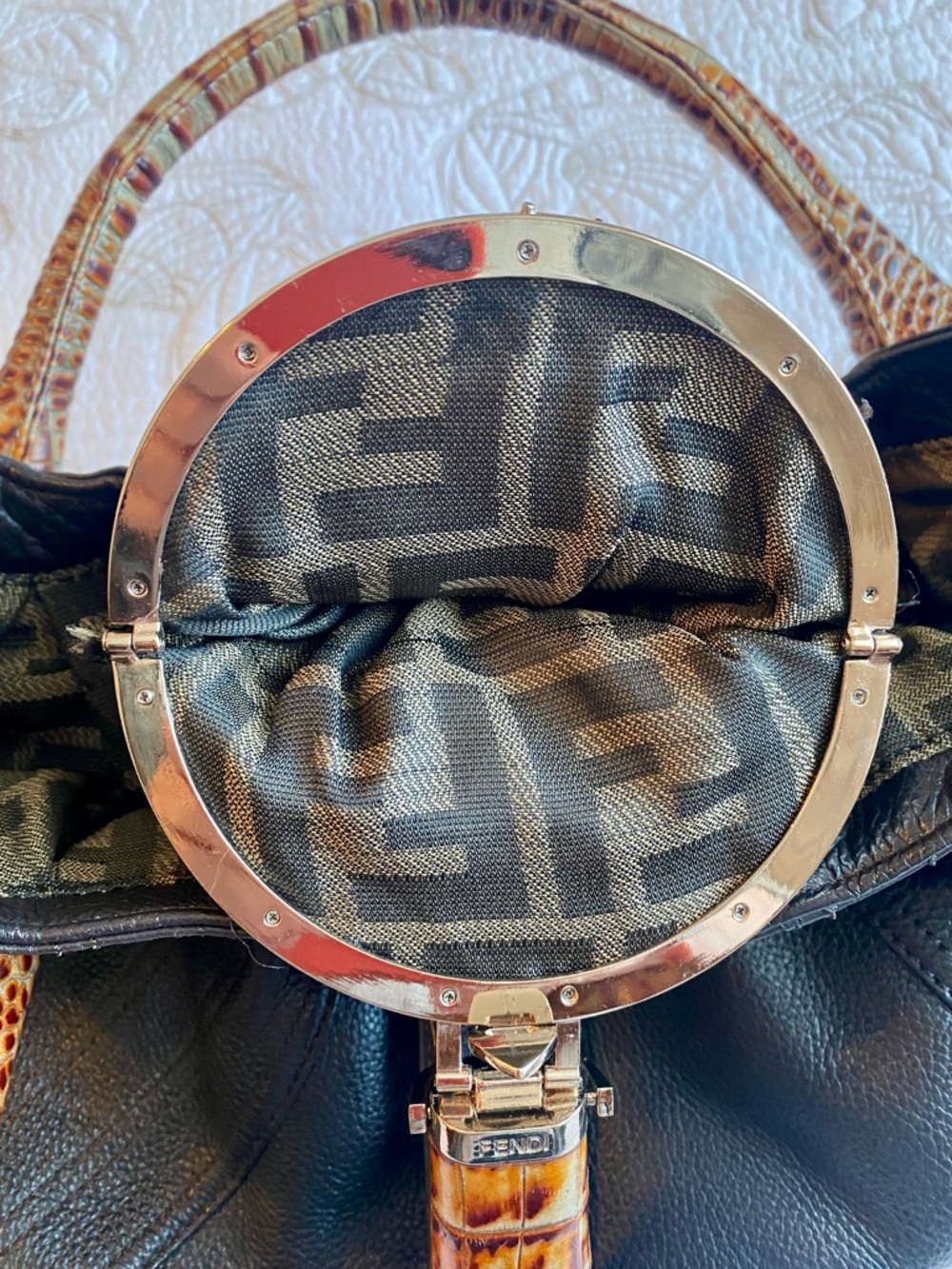 Fendi Black Leather Shoulder Bag with Brown Croc-Embossed Trim - Picture 5 of 6